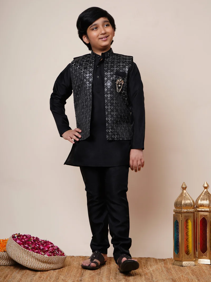 BT DEZINES Boys Black Cotton Silk Kurta Pyjama Set